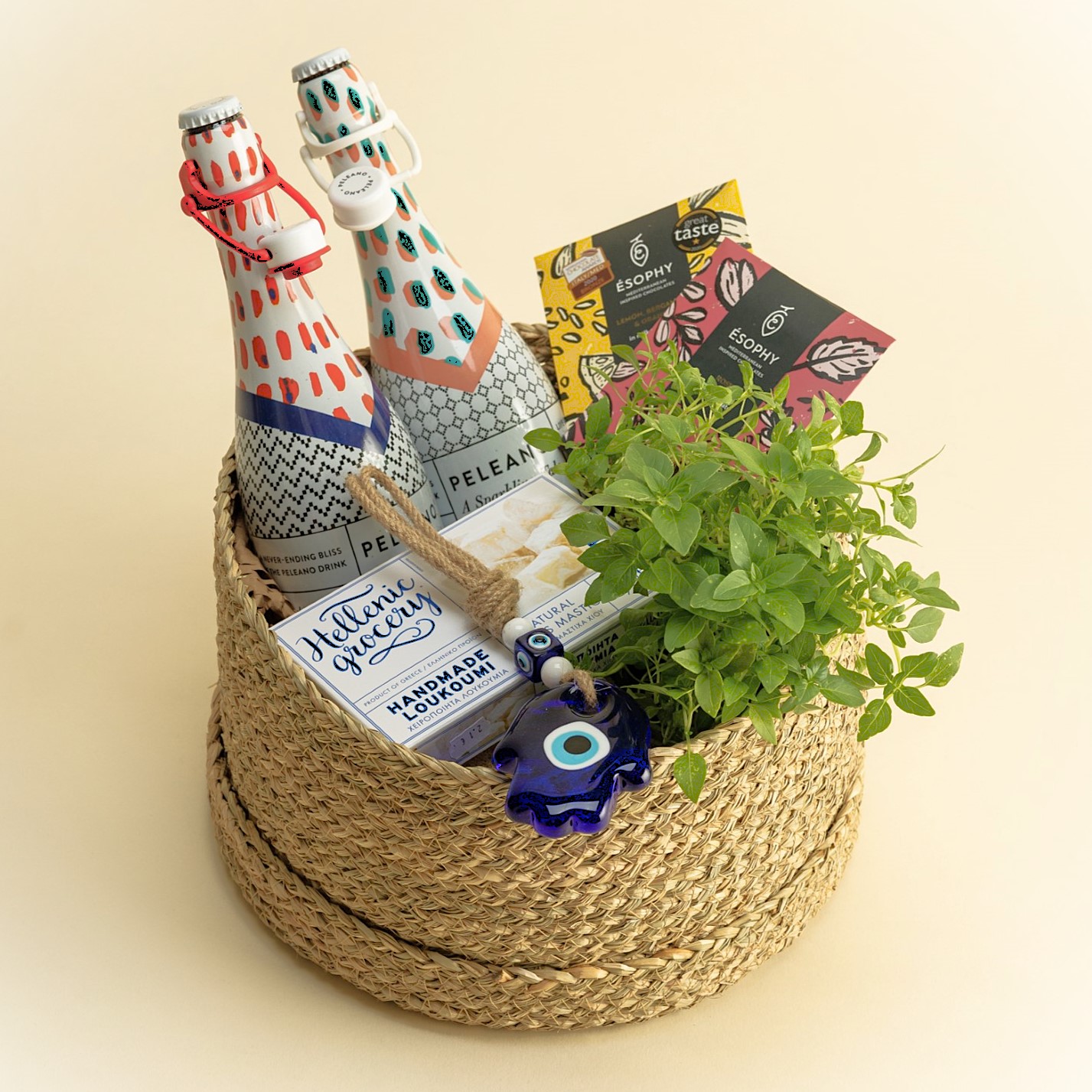 bubblybliss sparklingwineswhiteandrosechocolatesandgreekloukoumiseasonalplantbasket