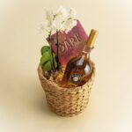 pinksparklingwinedriedfigsdippedindarkchocolateorchidplantgiftbasket